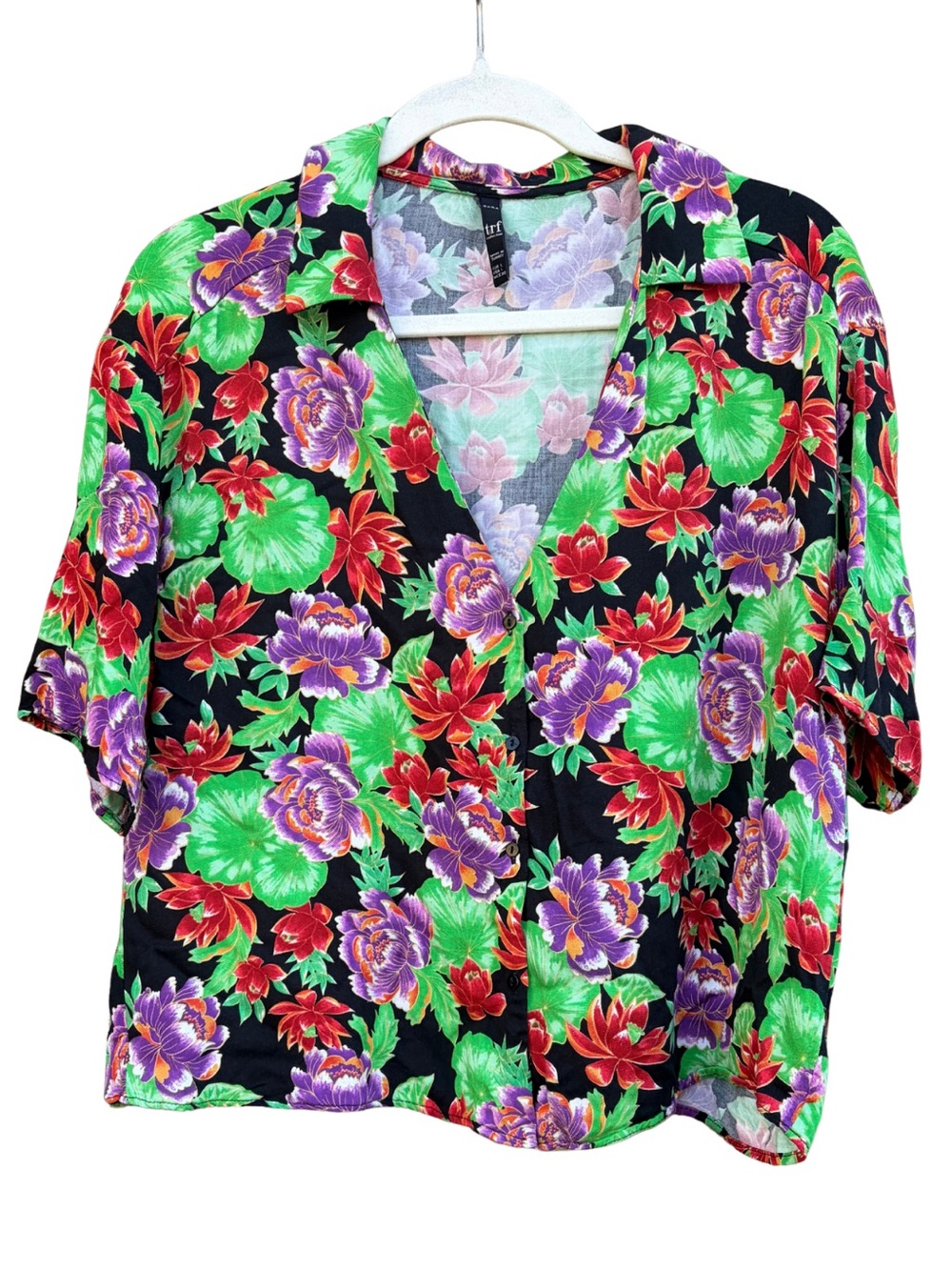 Zara TRF Tropical Floral Short Sleeve Button Down Shirt L